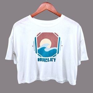 Hurley Boyfriend Fit Cropped Tee Shirt M White Cotton Blend Boxy Beach Graphic
